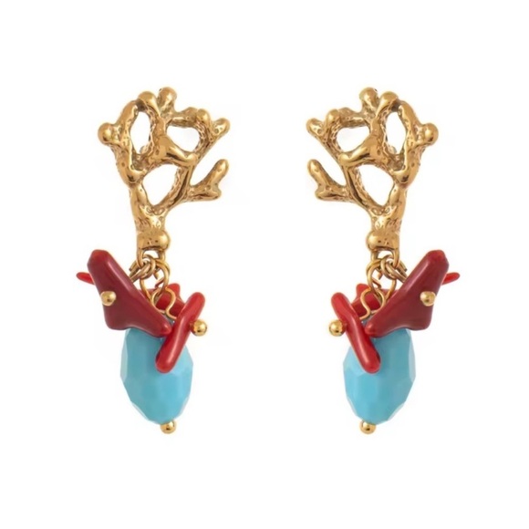 Anthropologie Jewelry - Gold Leaf Coral Blue Earrings